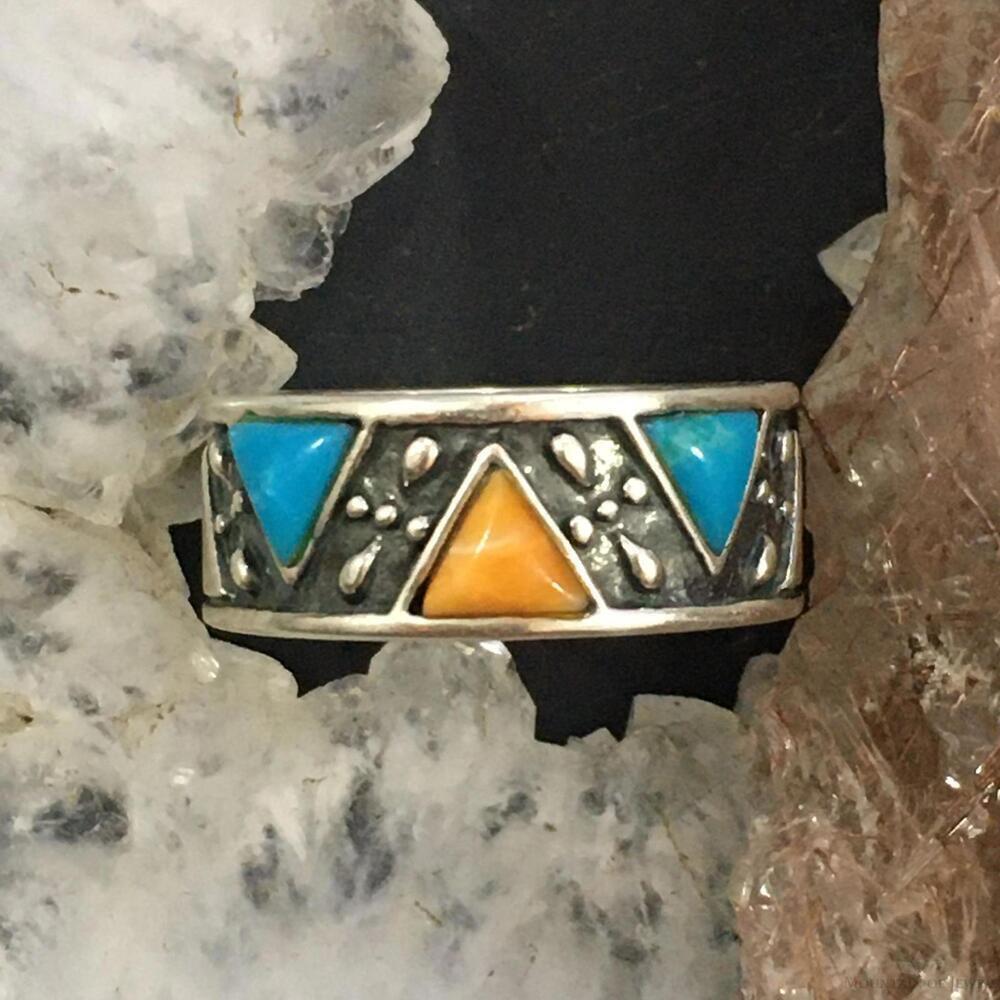 Carolyn Pollack Sterling Silver Turquoise & Spiny Oyster Band Ring For Women - Picture 4 of 10